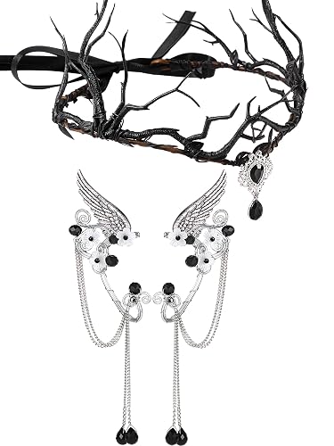 Zeyune Halloween Elves Cosplay Set Fairy Flower Crown Headpiece Elf Ears Cuffs Renaissance Costume Leaf Elves Wings Ear Cuff - Branch - Black, Branch