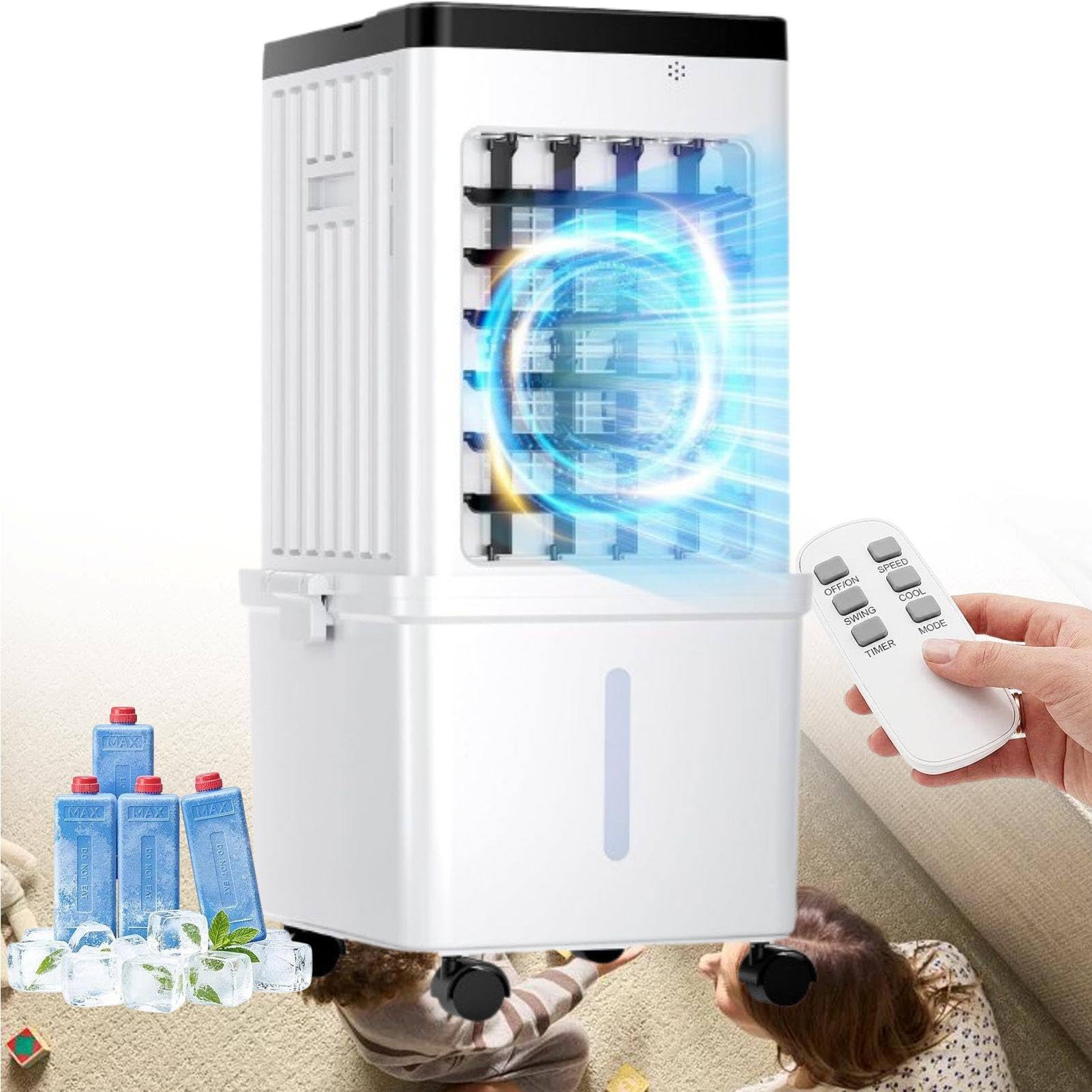 MhWrughts Portable Air Conditioner Fan with 15L Water Tank, Windowless Evaporative Cooler, 3 Speeds and 7.5H Timer for Apartment Bedroom Living Room RemoteControl