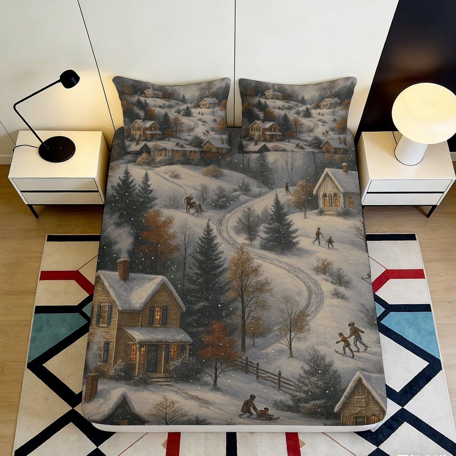 3D Printed Winter Village Fitted Sheet Microfiber Soft Snowy Landscape Mattress Cover for Bedroom Guest Room Decor 180x200x25cm