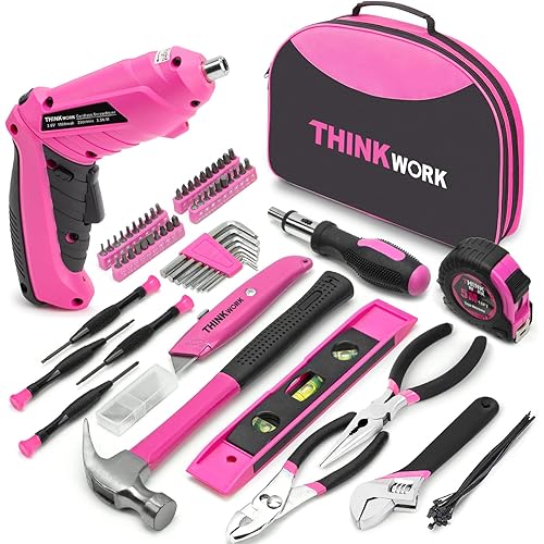 THINKWORK 122-Piece Pink Tool Set with 3.6V Rotatable Electric Screwdriver, Home Tool Kit for Women with Easy Carrying Round Pouch, Ladies Pink Tool Kit for Home Maintenance, DIY, Gifts