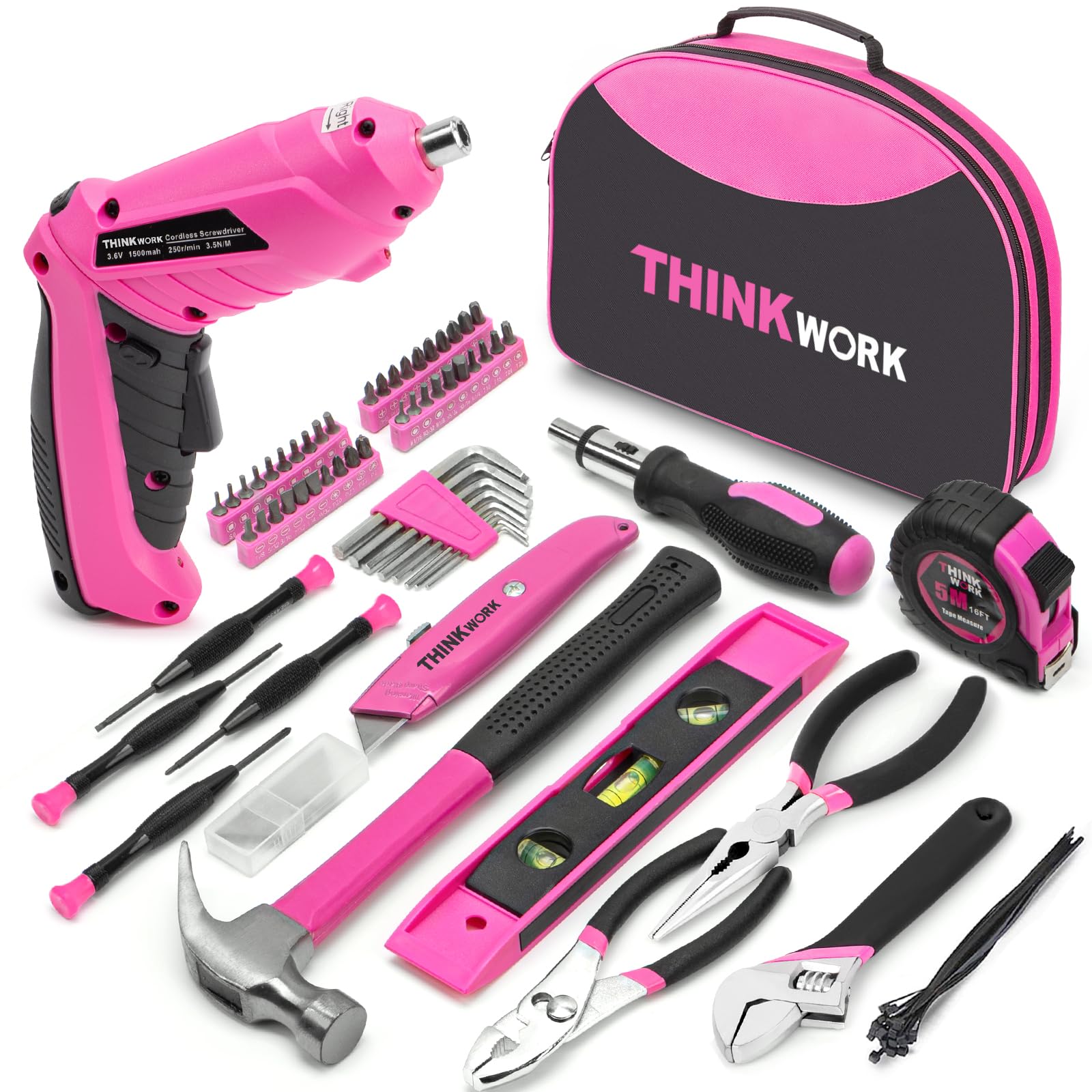 THINKWORK 122-Piece Pink Tool Set with 3.6V Rotatable Electric Screwdriver, Home Tool Kit for Women with Easy Carrying Round Pouch, Ladies Pink Tool Kit for Home Maintenance, DIY, Gifts