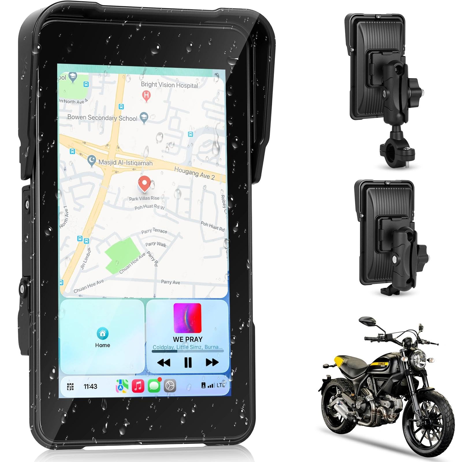 Pantalla CarPlay para Moto, Apple CarPlay y Android Auto Inalámbricos, Pantalla HD de 5" para Motocicleta, Impermeable IP68 con Bluetooth, Compatible con TPMS, Soporte Antirrobo Desmontable
