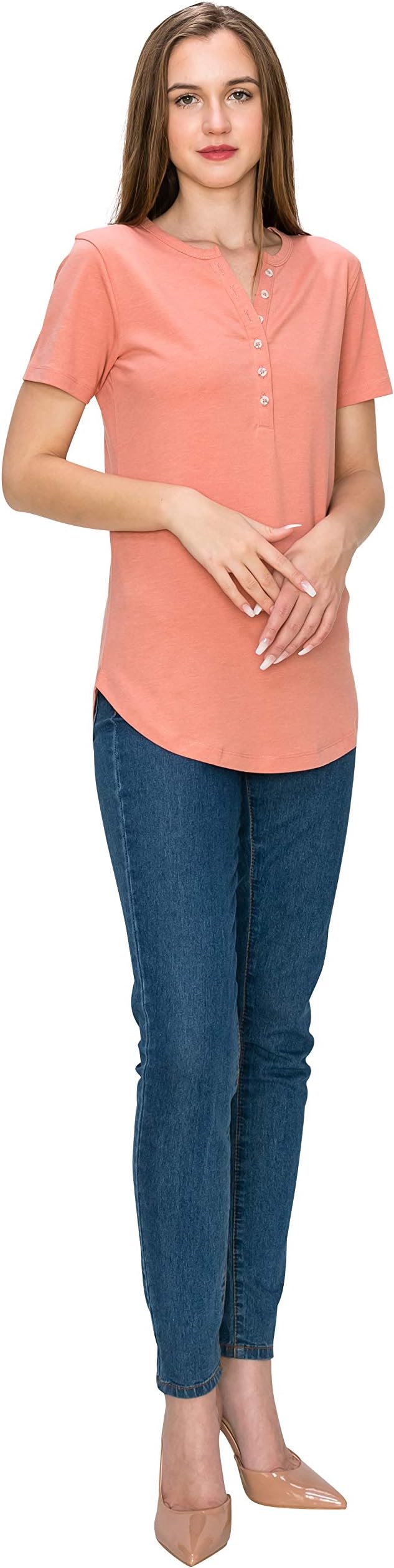 Long Round Hem V-Neck Button Casual Short/Long Sleeve Henley Heather T Shirt Top