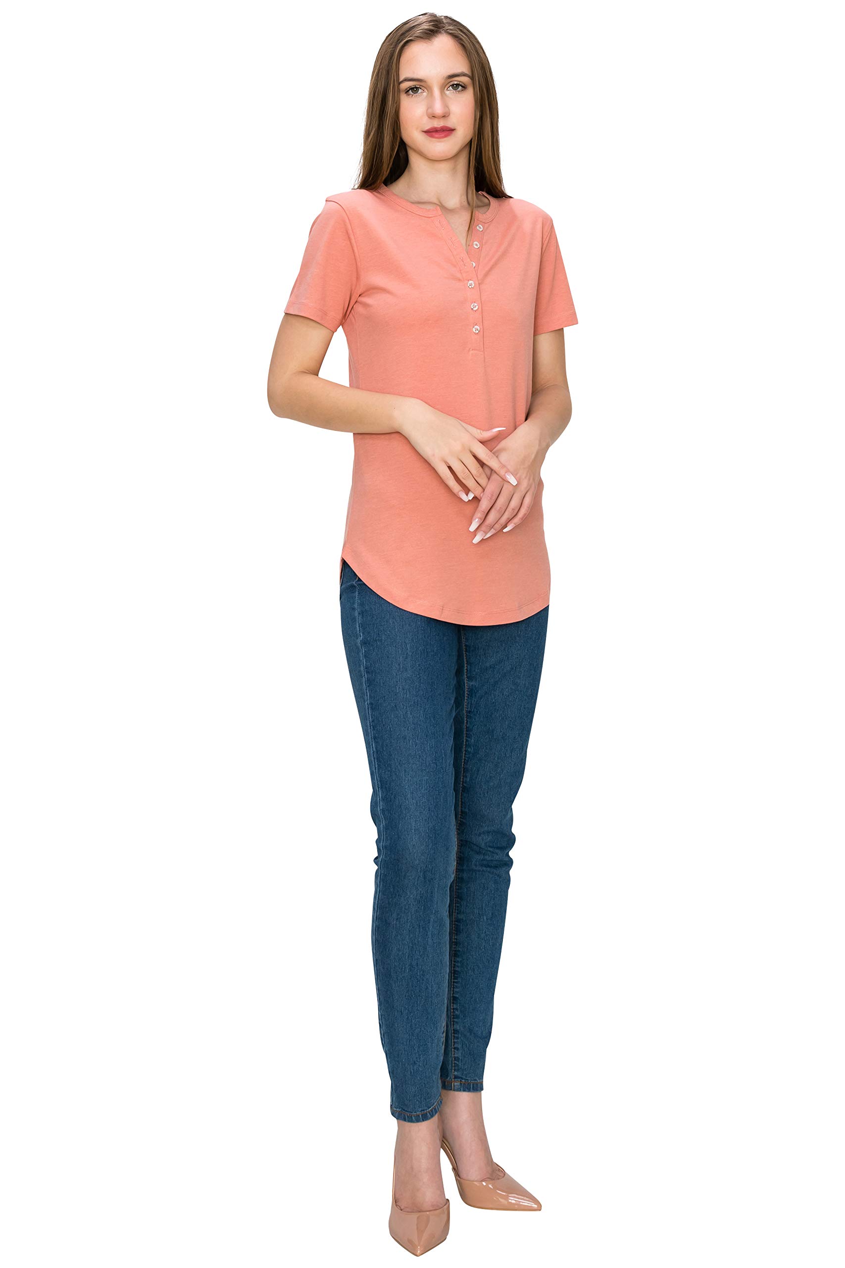 Long Round Hem V-Neck Button Casual Short/Long Sleeve Henley Heather T Shirt Top