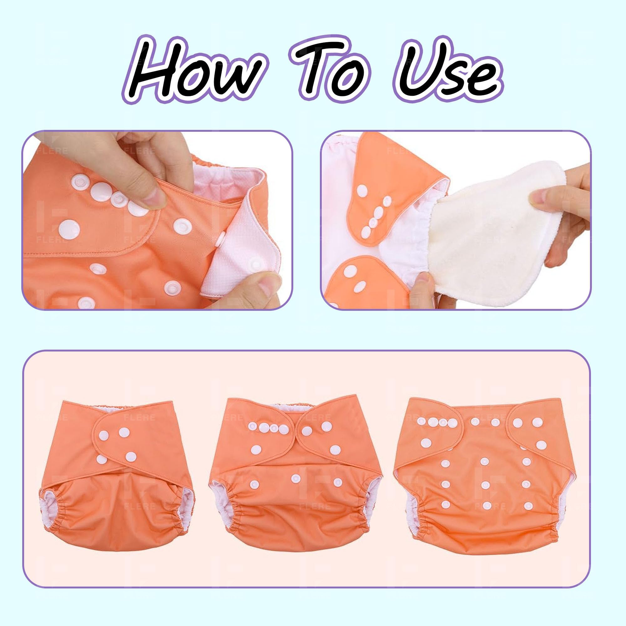 Flere Reusable Baby Cotton Cloth Diapers - Adjustable & Washable with Insert Pads for 0-3 Years | Soft, Waterproof & Eco-Friendly (Multicolor, Pack of 4) - Image 9 thumbnail