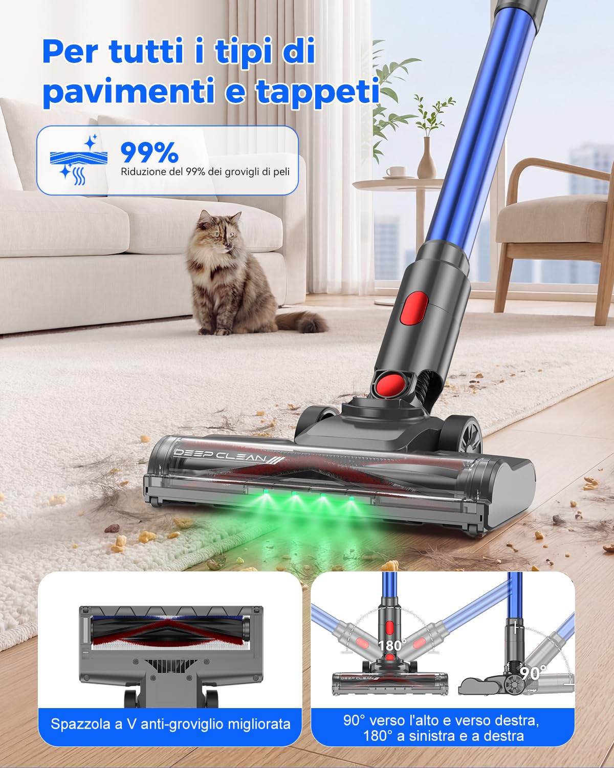 aonus A10 Aspirapolvere Senza Fili, 55 kPa 500W, 70 Minuti di Autonomia, Schermo Tattile, Leggero, Antigroviglio, Autoportante, per Peli di Animali, Tappeti e Pavimenti Duri, Blu