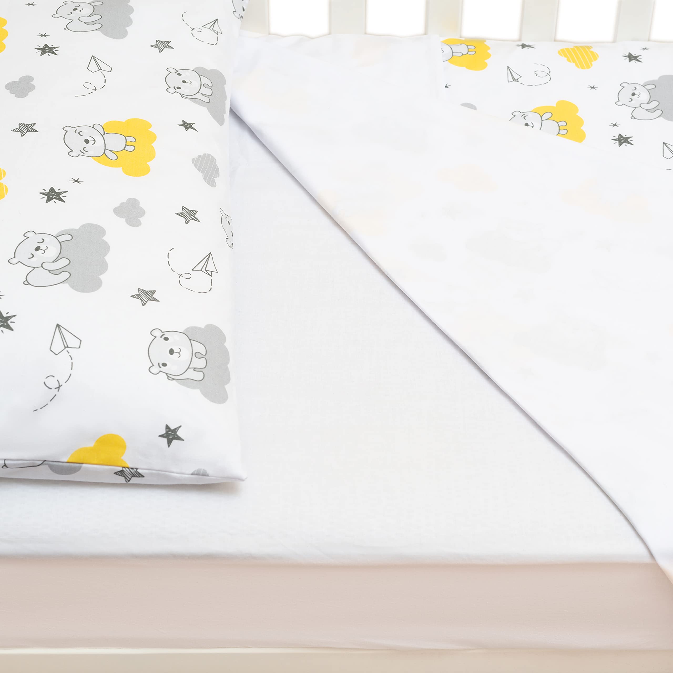 Set Lenzuola 3 Pezzi Per Lettino Neonato, 60x120 cm, 1 Lenzuolo Di Sotto Con Angoli, 1 Lenzuolo Di Sopra Copripiumino/Sacco, 1 Federa Cuscino, 100% Cotone, Nuvole