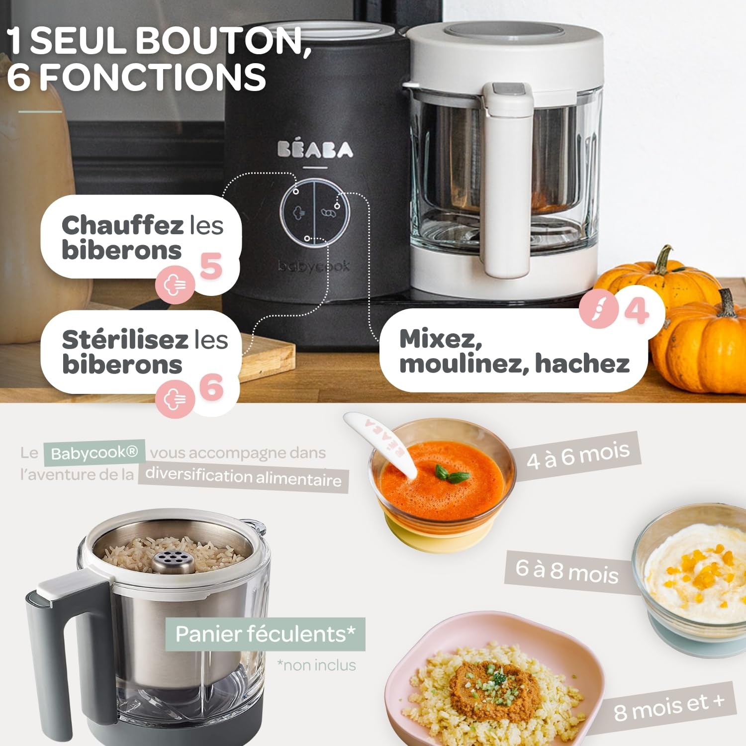 BÉABA Babycook Néo Robot Bébé 6 en 1 Made in France Mixeur-Cuiseur Bol en Verre et Cuve Inox Diversification Alimentaire Petits Pots Bébé Maison Cuisson Vapeur Douce Rapide Noir