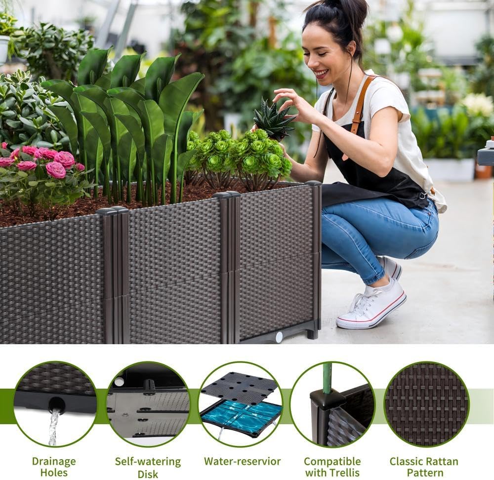 Emalie Deep Raised Garden Beds Large Plastic Planter Box with Drainage Plugs for Veggies Flowers Herbs Deep Root Plants Growing, 63.0" Lx15.7 Wx16.9 H Brown