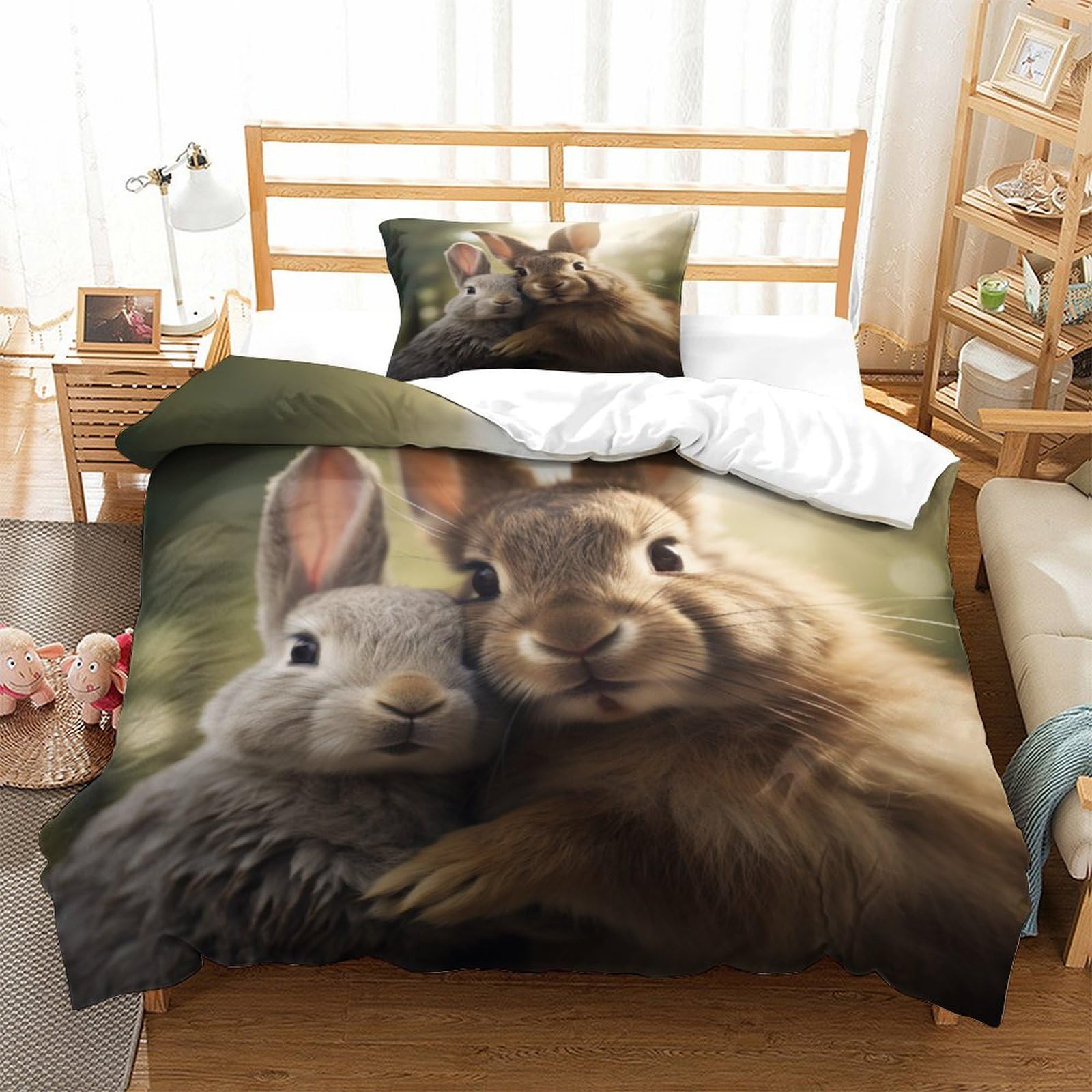 P1S9U7W5Y Adorable Bunny 3D Printed Duvet Cover Set 3 Pieces Microfiber Bedroom Decor Rabbit Bedding Set Soft Breathable for Adults Teens Gift Single（135x200cm）