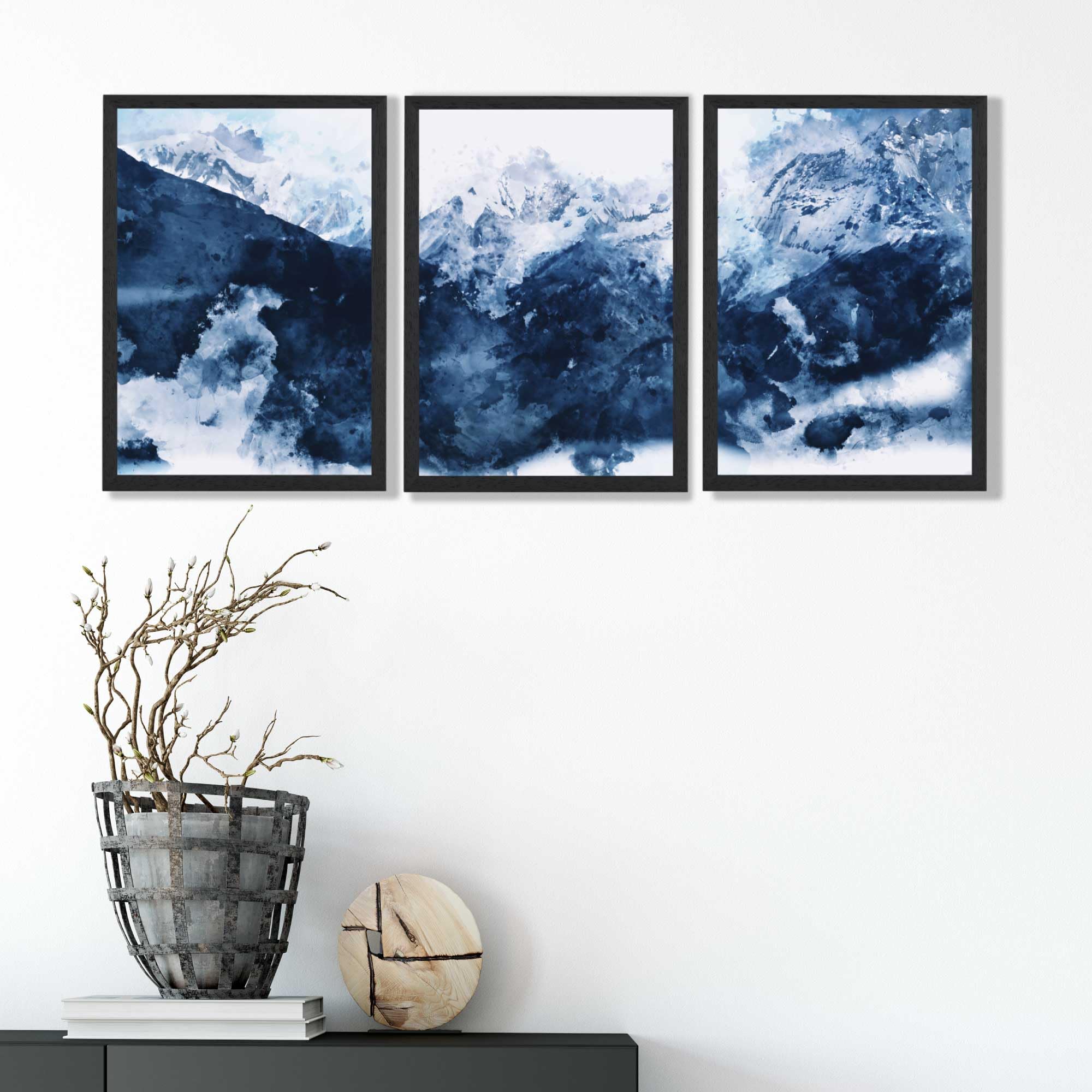 Artze Navy Blue Set Of 3 Abstract Swiss Mountains Wall Art Prints Only Size: (A4-21 X 29.7 Cm)