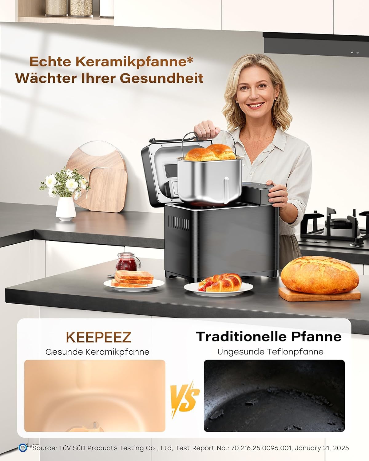 Macchina per il pane 17 in 1 – Due elementi riscaldanti, 710 W, in acciaio inox, senza glutine, impasto, marmellate, programmi di yogurt, dispenser per noci, stampo in ceramica e touch screen