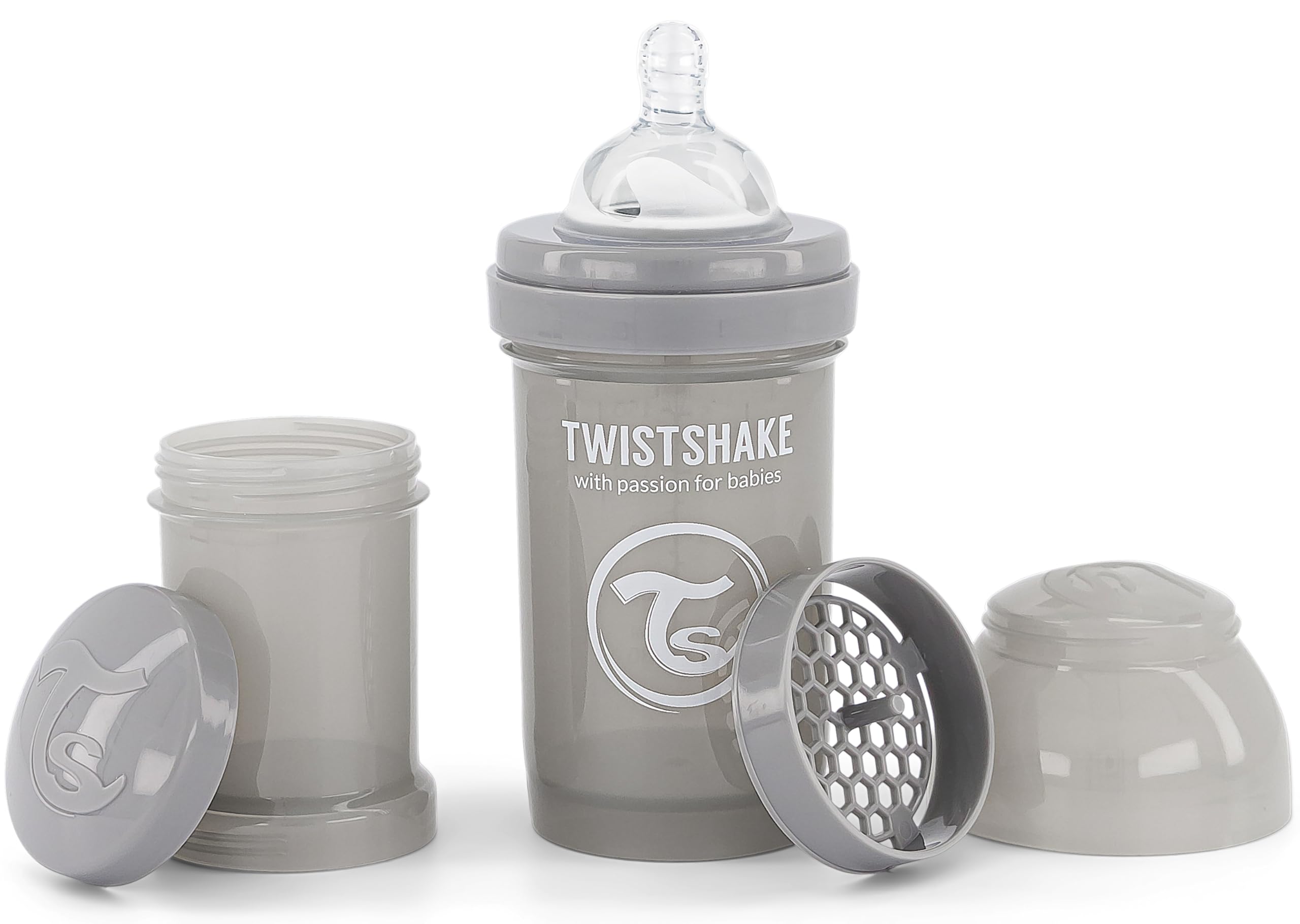 Twistshake Anti-Colic Baby Bottle with Milk Powder Container and Mixer - 180ml | Slow Flow Silicone Breast-Like Nipple | BPA- Free | Suitable for Newborns (0+) | Grey