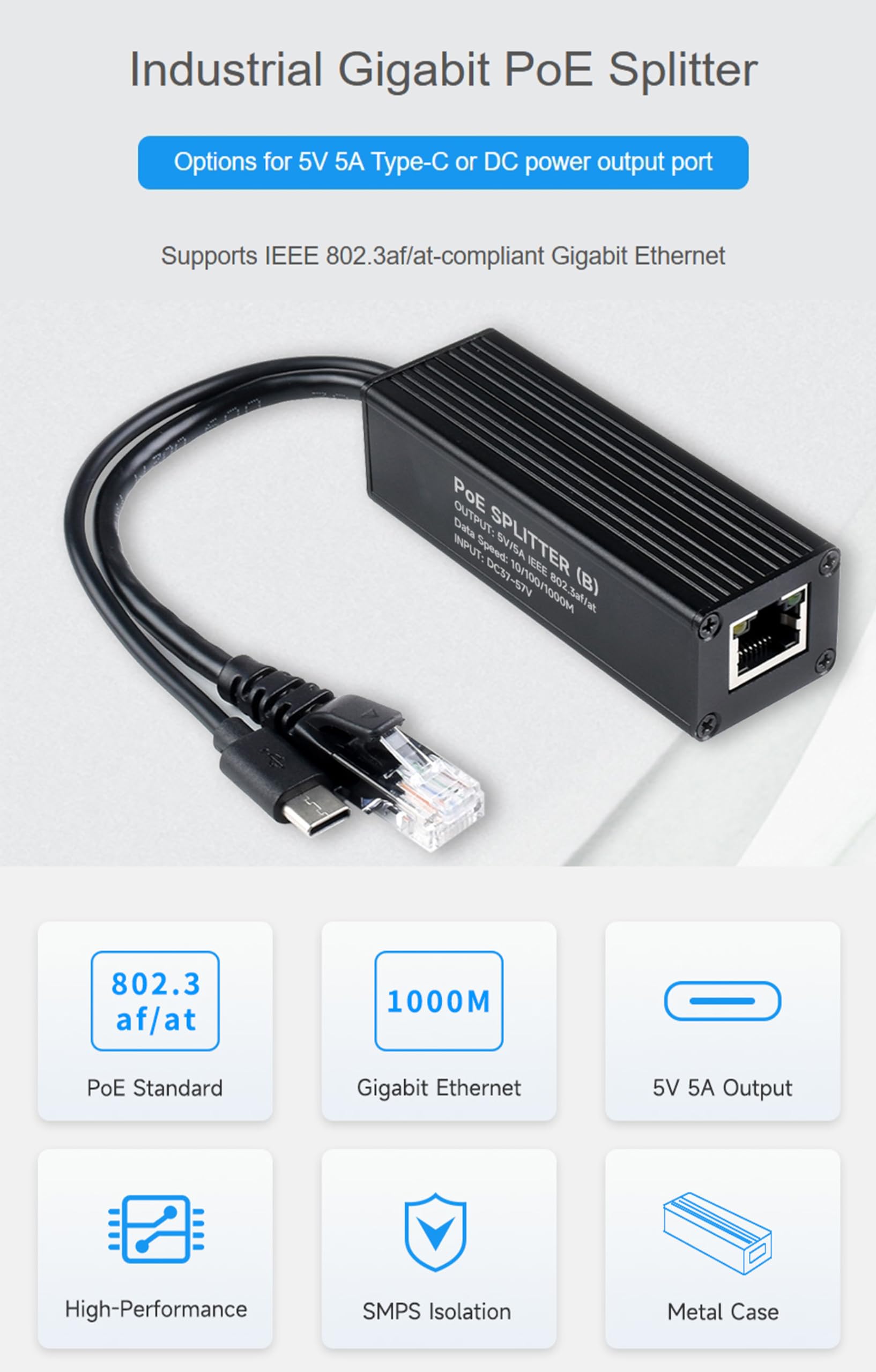 Industrial Gigabit PoE Splitter for Raspberry Pi 5 4B 3B+ or 5V-Powered Network Camera Devices, Onboard MPS Control Chip, 802.3af/at-Compliant 37V ~ 57V Input, 5V 5A Output, Type-C Power Output Port