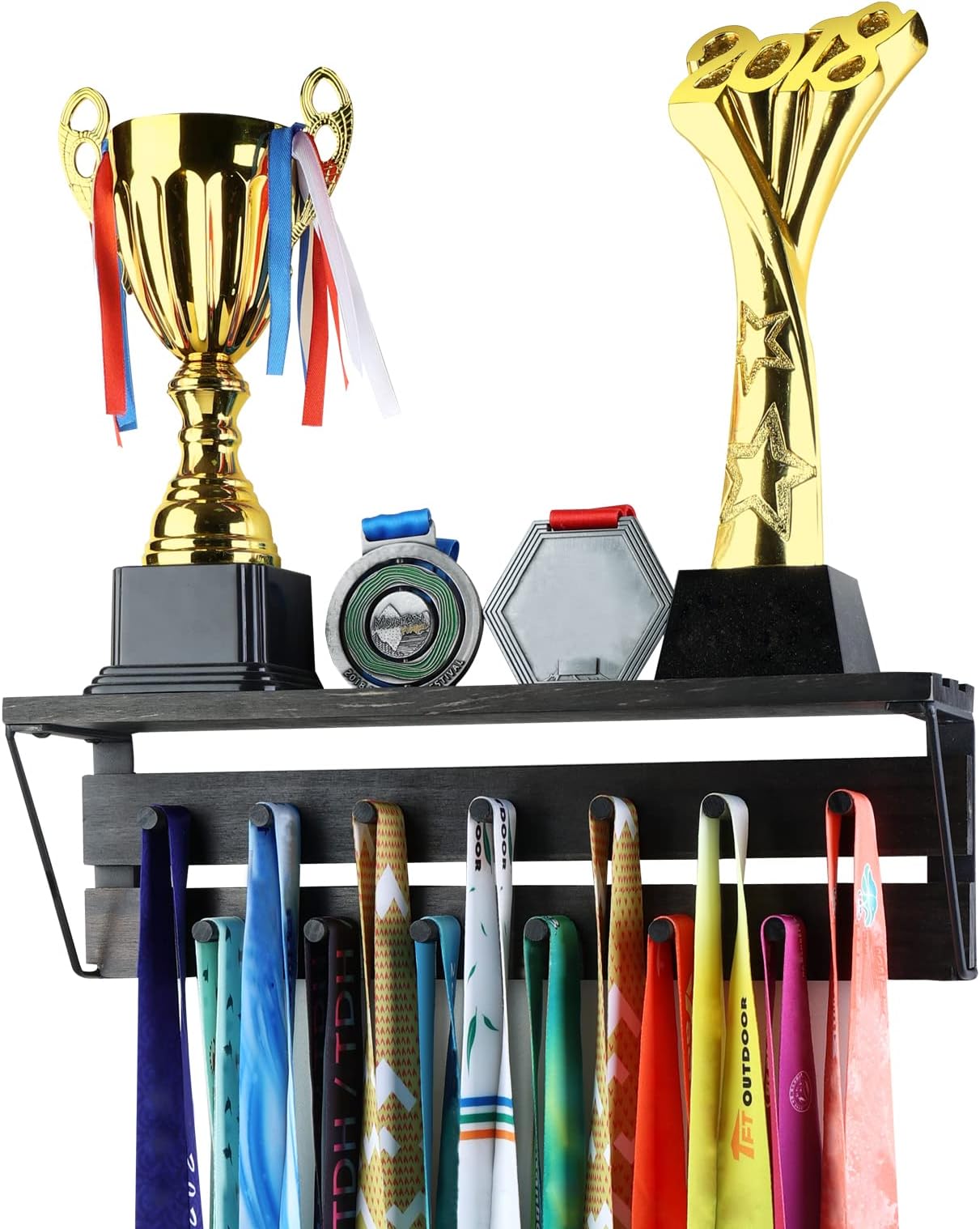 Rustic Wood Medal & Trophy Wall Mount Display Rack - Shelf, Holder and Hanger