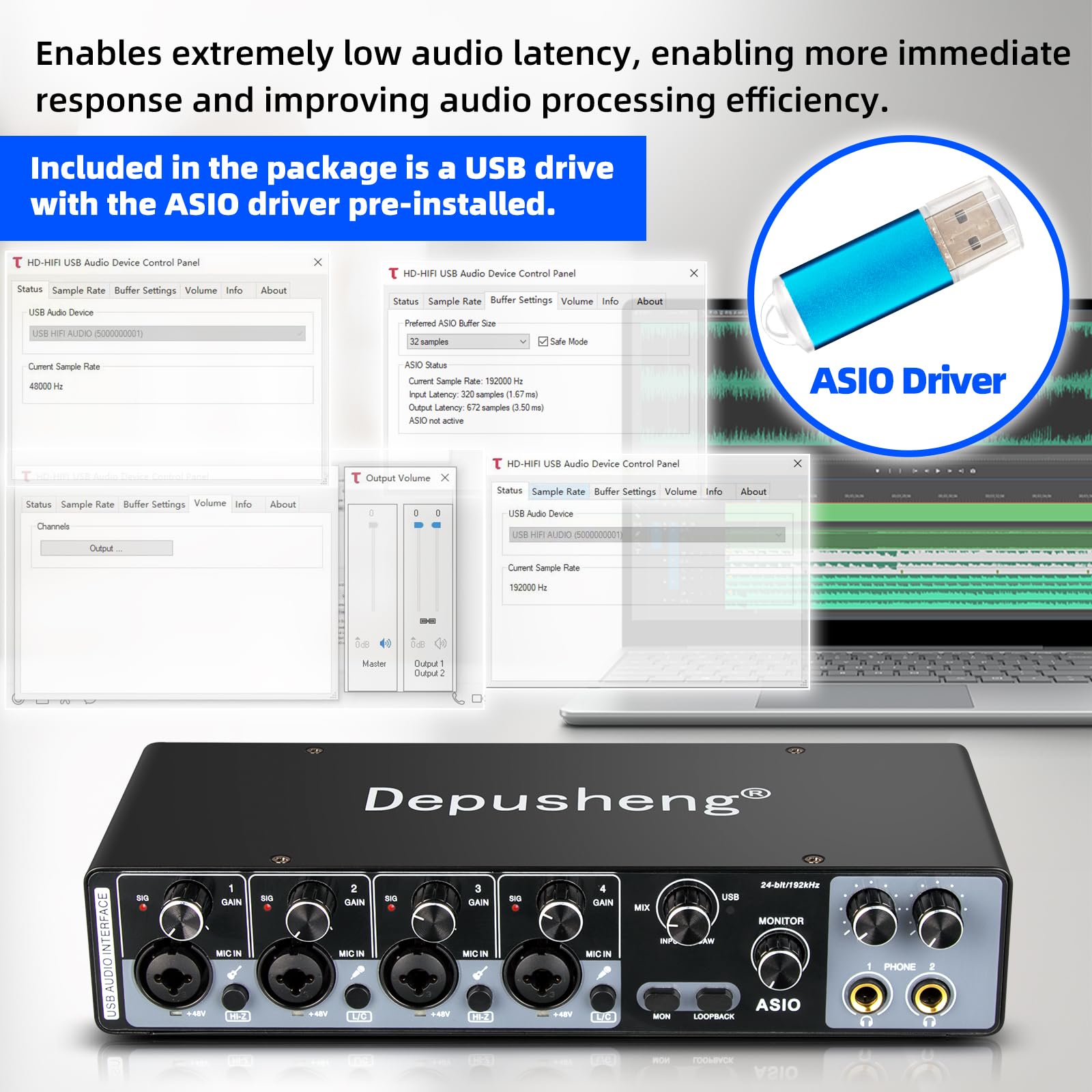 Depusheng USB Audio Interface with ASIO Drivers 4 Channel | Grabación de Audio