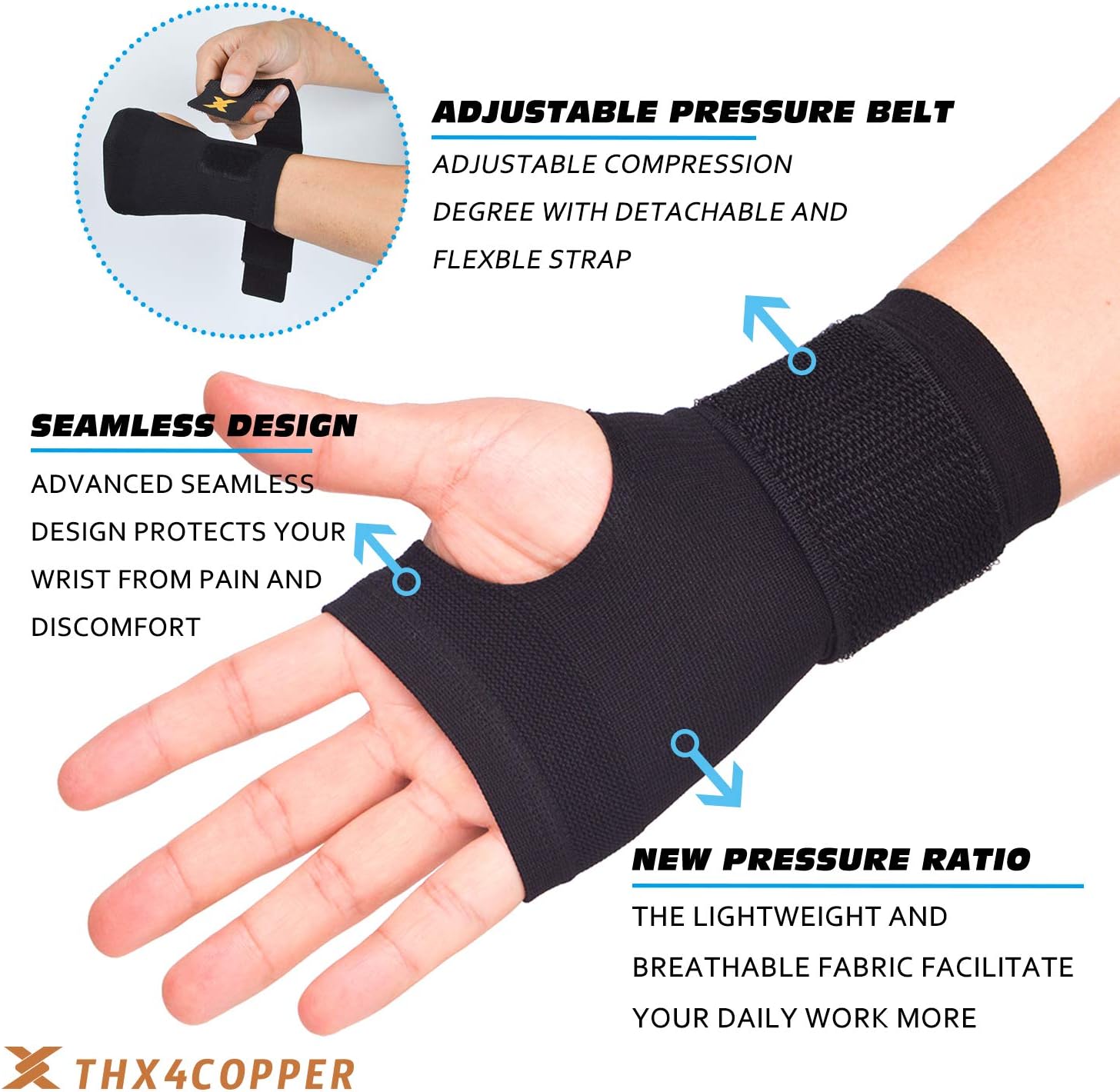 THX4COPPER Wrist Support -Copper Infused Compression Adjustable Wrist Brace Sleeve-Relief for Carpal Tunnel, RSI, Tendonitis, Arthritis, Wrist Sprains and Fatigue-Ultra Thin