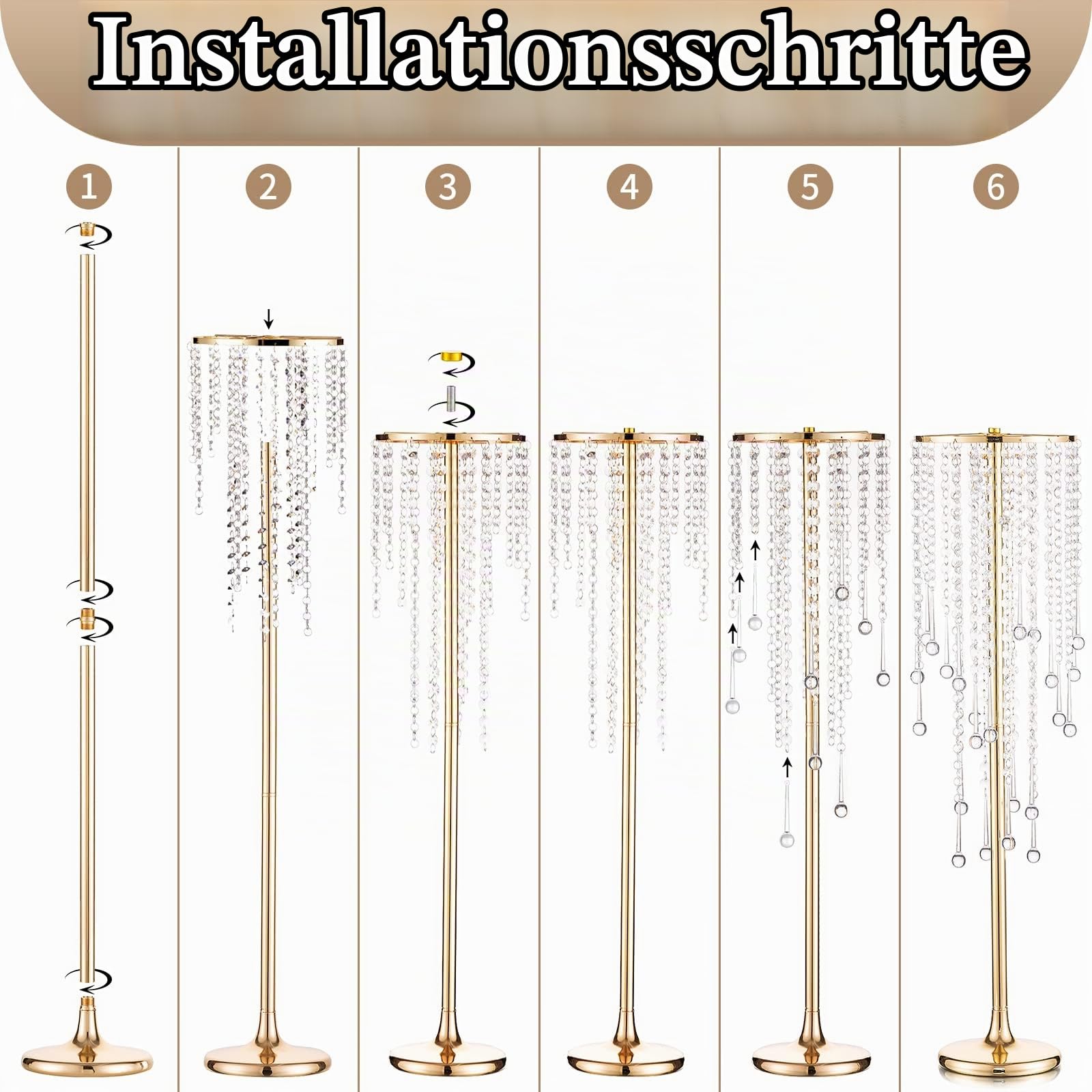 Sziqiqi 75cm Metall Goldene Vasen mit Kristall Kette Hochzeits Tisch – 2 Stück Hoch Vase Blumensäulenständer für Blumenarrangements, Große Blumenvasen für Hochzeitsfeiern Straßenführungen
