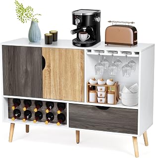 COSTWAY Wine Cabinet Sideboard, Kitchen Storage Cabinet with Adjustable Shelf, 10 Wine Racks, Glass Holder and 5 Legs, Wooden Buffet Cupboard for Dining Living Room