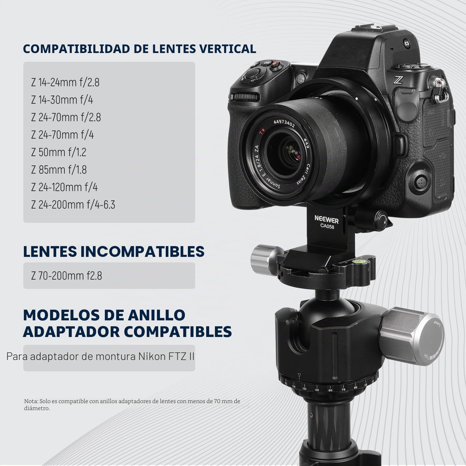 Neewer Placa giratoria de montaje de collar para adaptador FTZ Z8 Z7 II Z6 II Z5, soporte de lente de trípode de cámara horizontal rápidaCompatible con DJIRS3/2 y sistema de acoplamiento Arcasn,CA058
