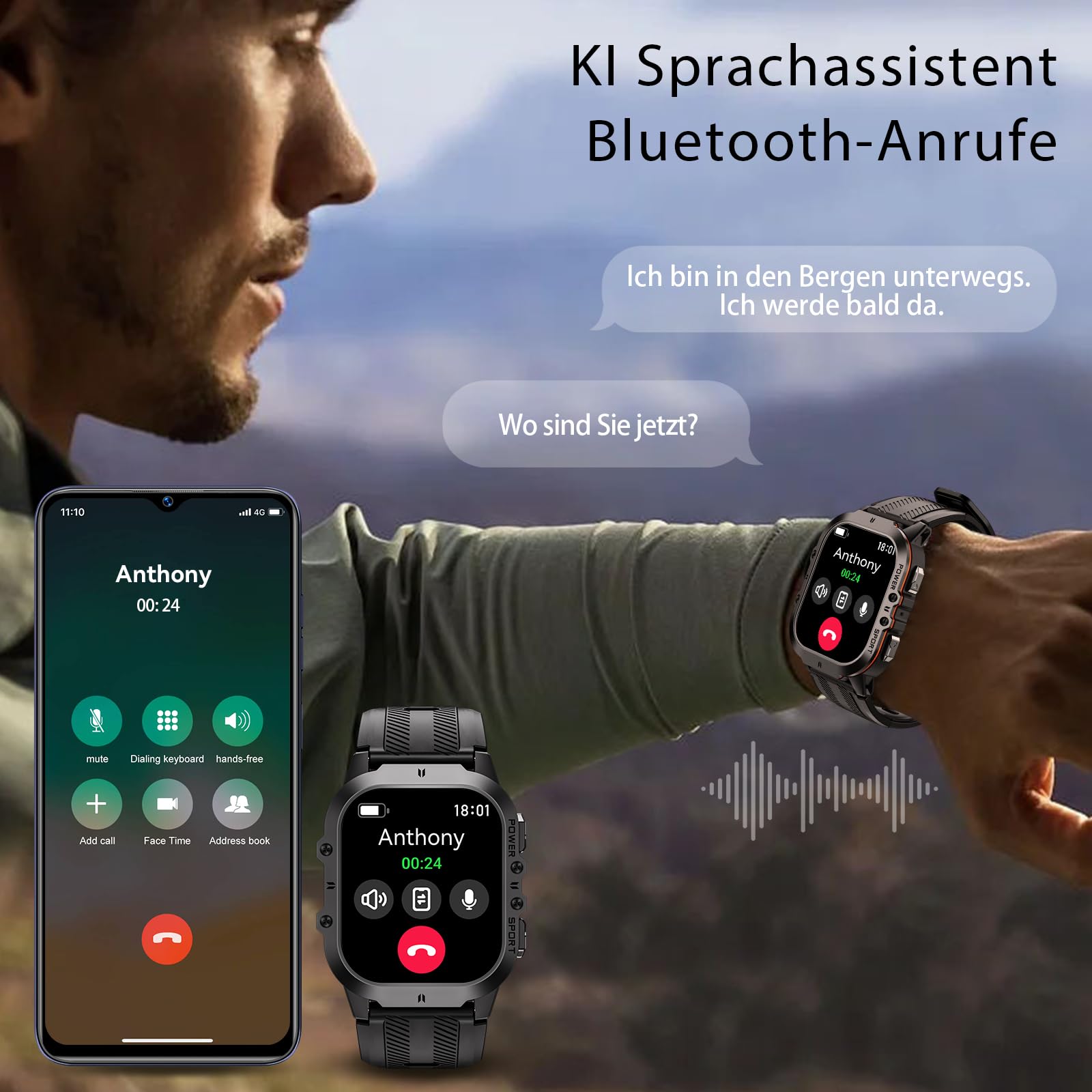 OUKITEL BT20 Smartwatch Uomo,1,96'' AMOLED Schermo Orologio Intelligente,Bluetooth Chiamata Assistente Vocale,Impermeabile 5ATM con Cardiofrequenzimetro,Contapassi Sonno per Android iOS