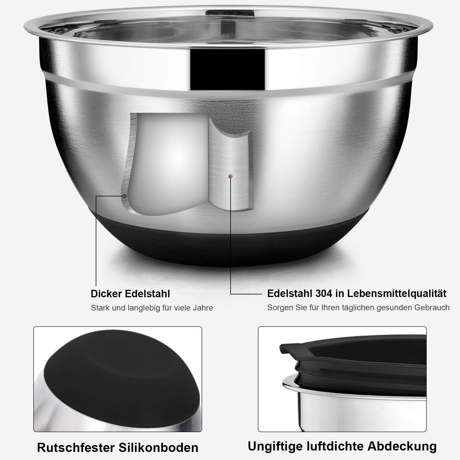 HaWare Set di 7 ciotole in acciaio inox con coperchio ermetico e fondo in silicone, ideale per cucinare, lavabile in lavastoviglie, 4,6 l/3,5 l/2,8 l, 2,5 l, 1,5 l, 1,2 l, 0,7