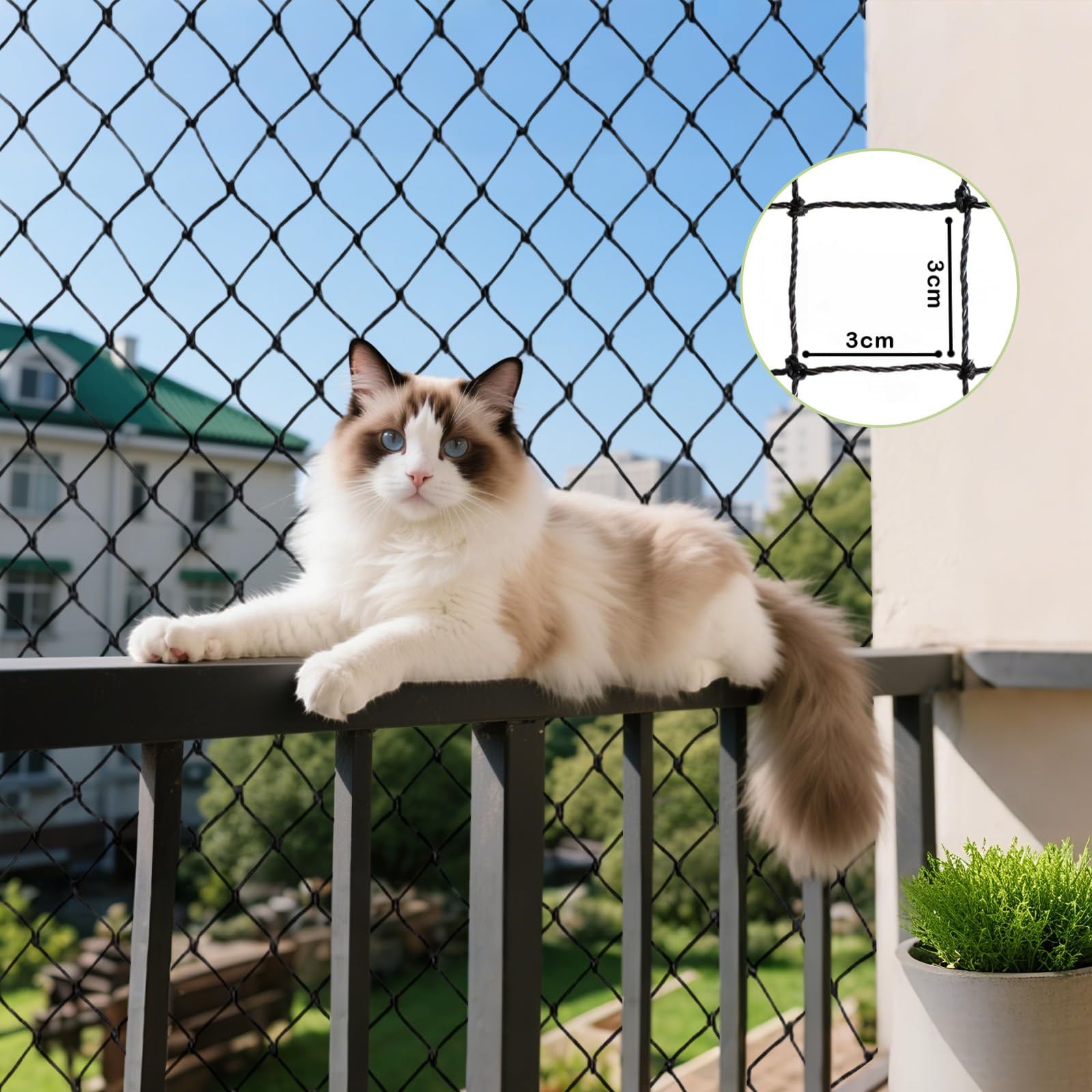 Filet Chat Balcon, Filet Métallique Renforcé pour Chat de Fenêtre 4x3m, Filet Robuste Anti-Morsure, Résistant aux Intempéries, Protection Balcon Chat, Accessoires d'Installation Inclus (Noir)