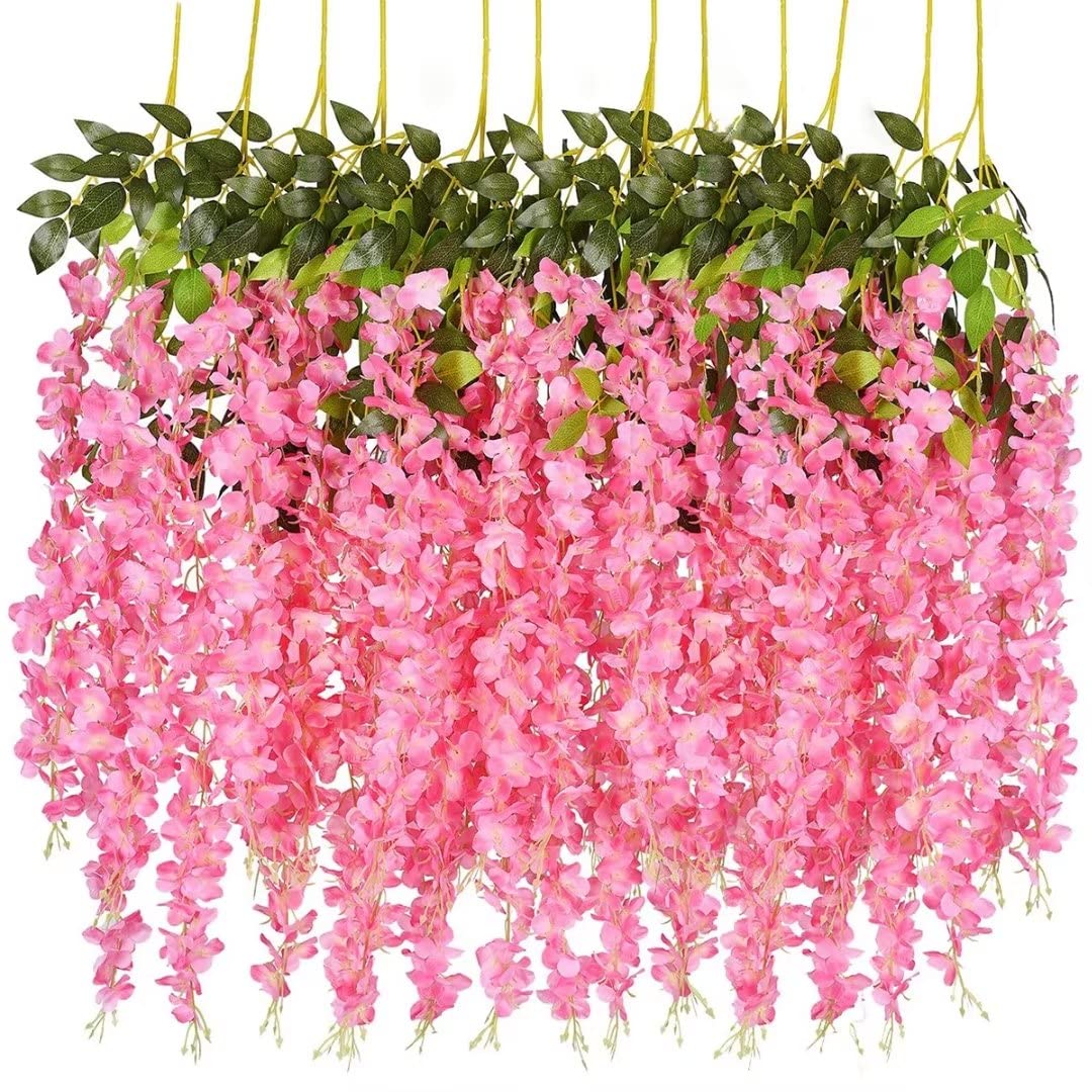 Neoones Pink 12 Pack Wisteria Flower Vines Garland, 3.75 Feet Artificial Flower Strings, Fake Hanging Flowers, Silk Wisteria Garland Flowers, Wisteria Vine For Wedding, Garden, Wall Decoration (Pink)