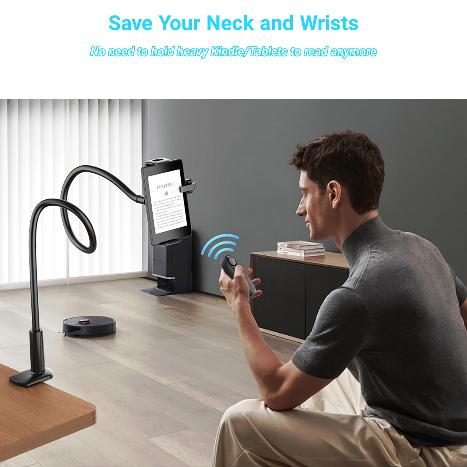 Soporte para Kindle con Pasapáginas Remoto, Flexible Brazo de Cuello de Cisne para Cama y Accesorio de Lectura Manos Libres para Kindle Paperwhite/Oasis/Kobo, iPad, Tablets, 4.7-10.35 Pulgadas