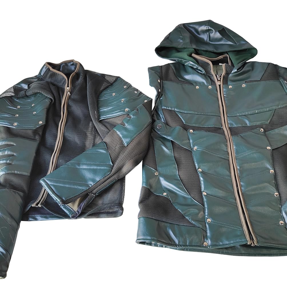 Men's Green Arrow Costume Season 5 Oliver Queen Cosplay Jakcet Pants PU Leather Battle Uniform with Accessories for Halloween