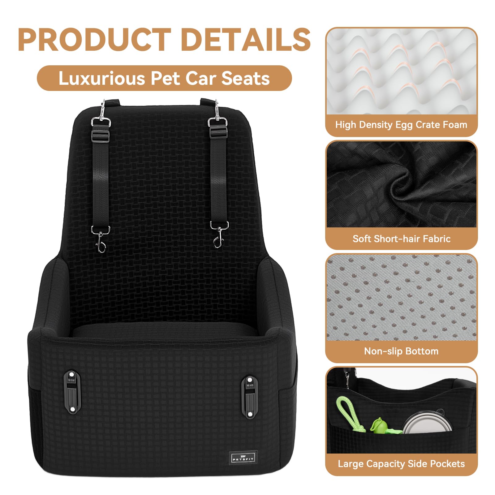 PETSFIT Hundesitz für Auto bis 15 kg – 13cm Memory Foam Booster, Sicherheitsgurt-System, abnehmbarer & waschbarer Bezug, Schwarz