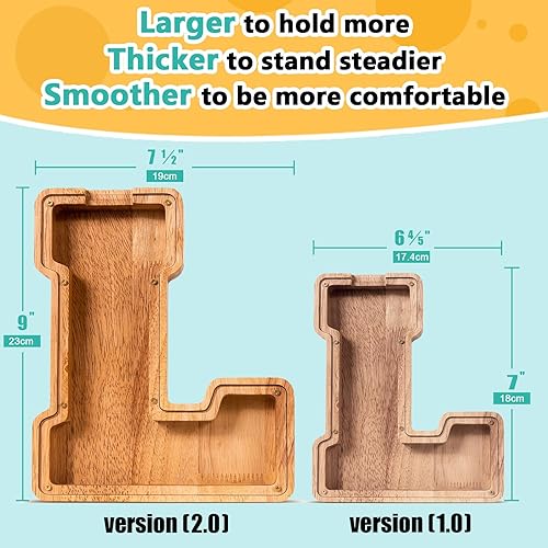 Miniatura 266 de SummiDate Alcancía de madera con nombre, niños y niñas, tamaño grande, letras alfabeto A-Z, monedas y billetes, inicial en cubierta transparente