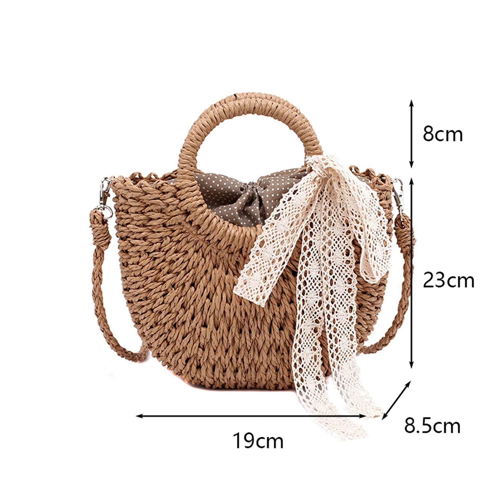 Bolso De Paja Hecho A Mano Con Cordón De Encaje En Forma De Media Luna