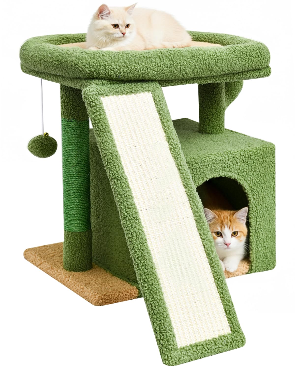 Small Cactus Cat Tree for Indoor Cats, Green Cat Tower with Scratching Post & Board, Unique Cactus Cat House with Perch for Kittens, Stable Condo and Stand (Green)