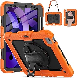 Timecity iPad Air 5th/4th Generation Case 10.9 Inch 2022/2020, Full-Body Shockproof Case with Screen Protector, 360° Rotating Stand, Shoulder/Hand Strap Pen Holder for iPad Air 4/5 Case, Black/Orange