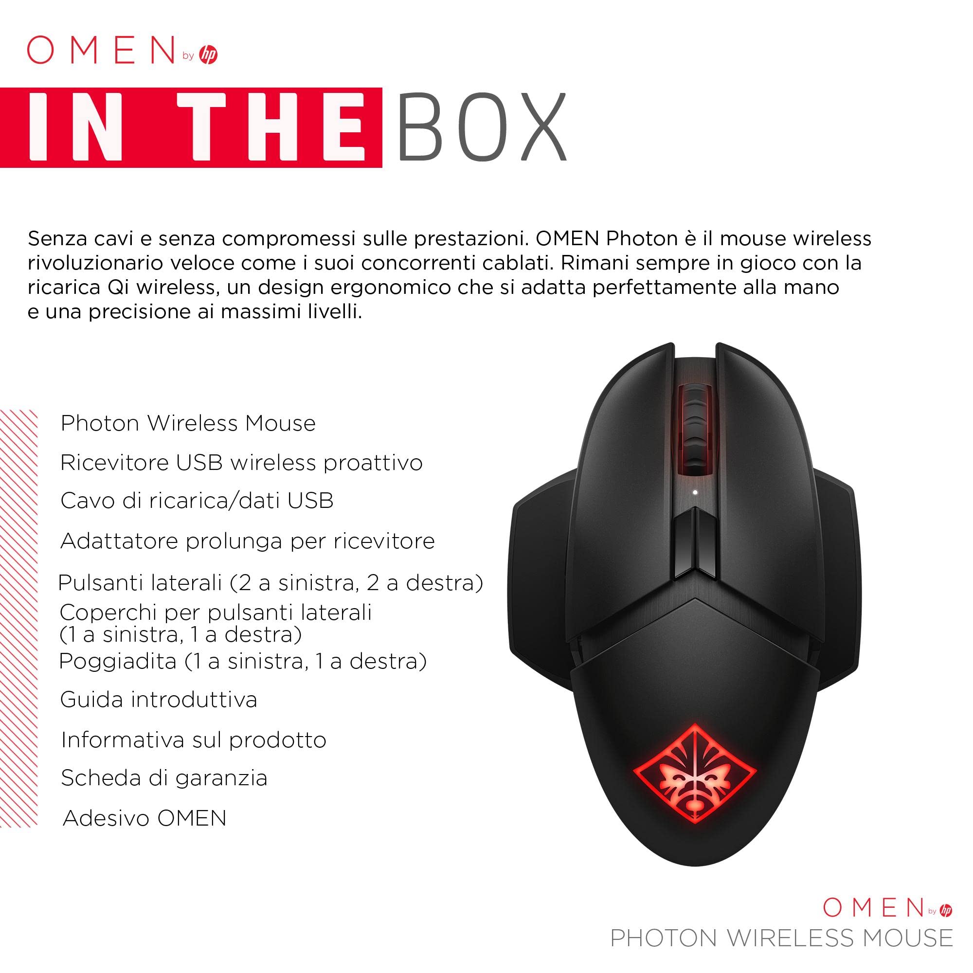 HP OMEN Mouse Photon, Wireless, Ricarica Qi Wireless, 11 Tasti Programmabili, Tempo Risposta 0.2 ms, DPI da 100 e 16000, Sensore Ottico PixArt PAW3335, LED RGB Personalizzabili, Nero