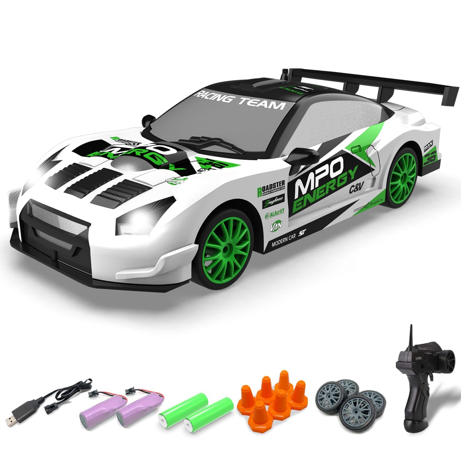 RACENT 1:24 Scale RC Drift Car, 10MPH 4WD Remote Control Car with LED Light, Racing and Drifting Wheels, 2 Rechargeable Batteries, Toy for Boys, Girls, Kids (White)