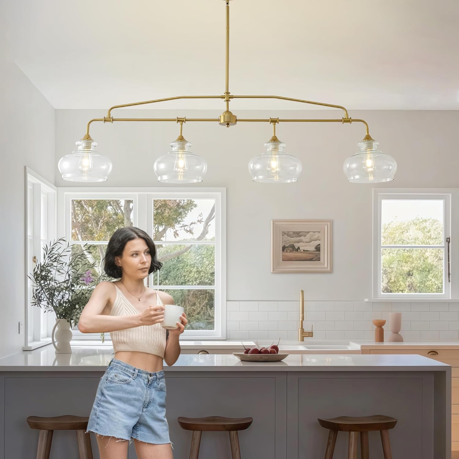 Adjustable Kitchen Island Pendant Light, 4-Lights Brass Farmhouse Chandelier with Clear Glass Shade, Dimmable Hanging Light for Dining Table, Bar (58.46in)