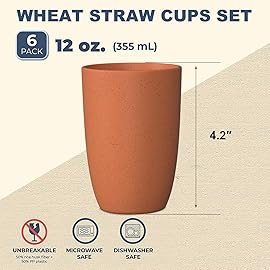 Wheat Straw Cups 6 PCS Good Alternative to Plastic Reusable Cups 12 oz Unbreakable Drinking Cup Reusable Dishwasher Safe Water Plastic Glasses Orange