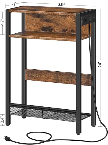 Miniatura 3 de Mesa auxiliar estrecha con estación de carga, mesa auxiliar pequeña, mesita de noche delgada para espacios pequeños, mesita de noche delgada con