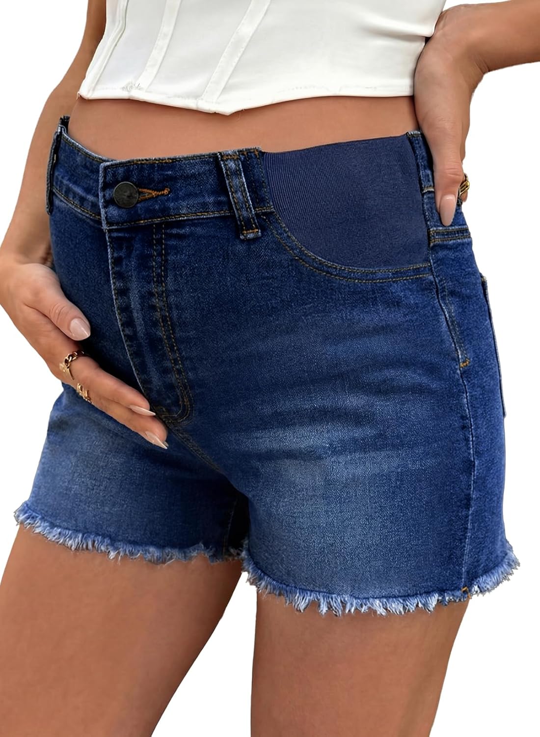 BLENCOT Maternity Jeans Shorts for Women Mid Waisted Frayed Hem Stretchy Denim Shorts Comfy Pregnancy Summer Clothes