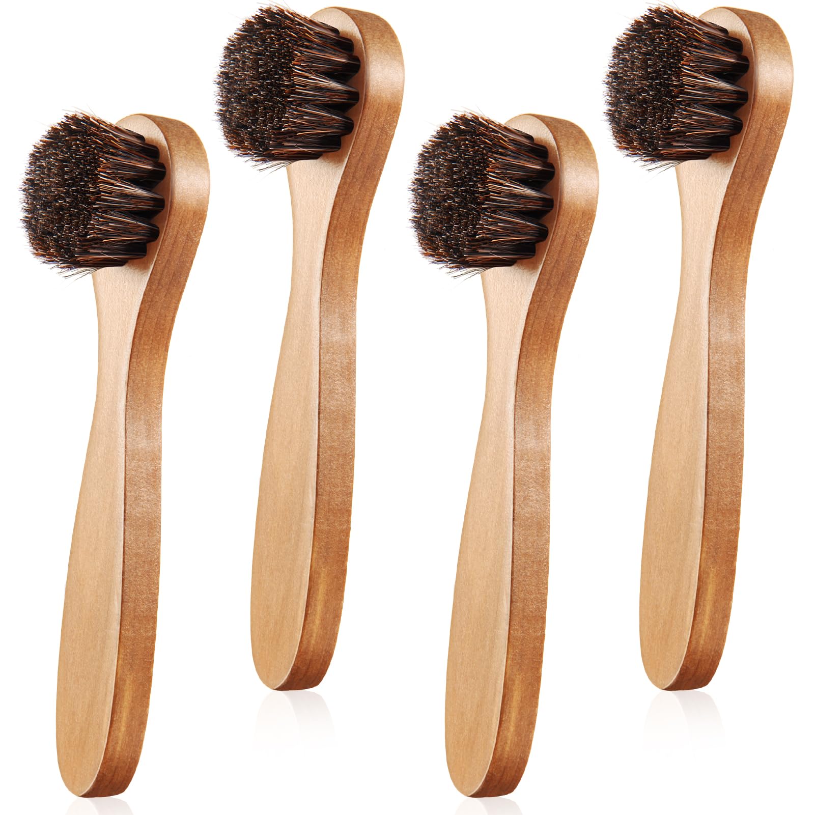 4 Pcs Horsehair Shine Shoes Brush Kit Polish Dauber Applicators Cleaning Leather Shoes Boots Care Brushes Suede Cleaner Brush with Microfiber Shoe Cloth(Wooden Handle A)