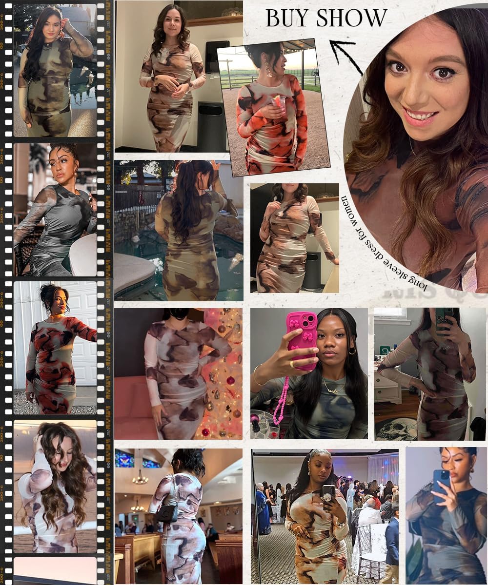 Narecte Fall Dresses for Women Bodycon Long Sleeve Casual Dresses Elegant Maxi Dress Tie Dye Mesh Formal Dress - Image 7