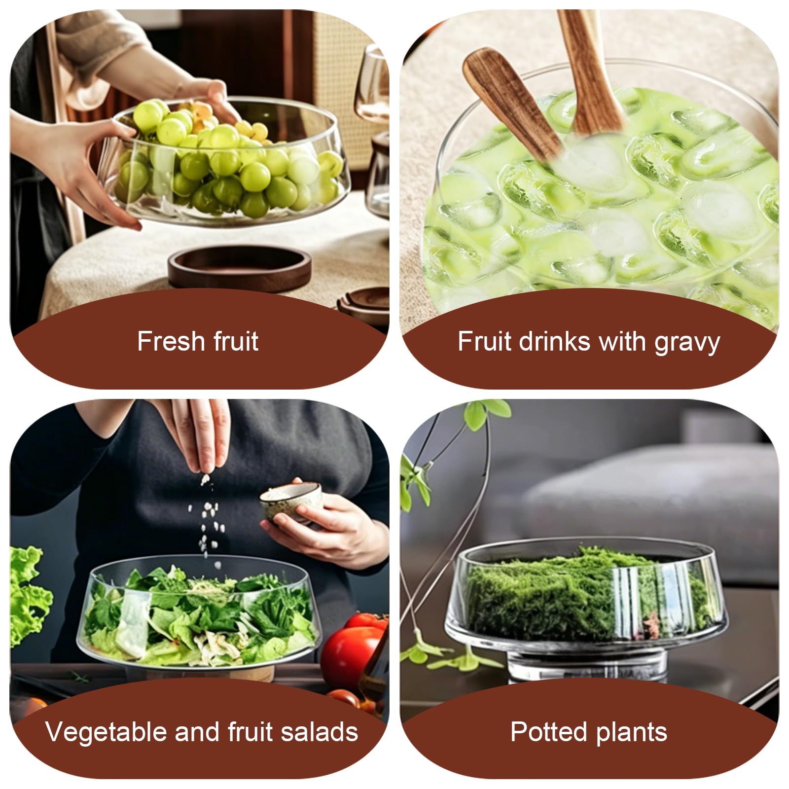 Juego de cuencos de ensalada de vidrio con cucharas mezcladoras y tenedor, base de madera para una mayor estabilidad, diseño de gran capacidad para cocina y fiestas, patrón de rayas, sin tapa