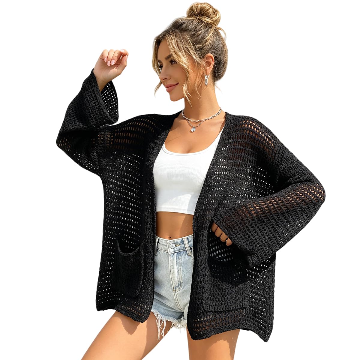 Women's Black Openwork Crochet Knit Cardigan, Lightweight Open Front Summer Cover-Up with Pockets, Breathable Loose Fit Layering Top for Casual and Beach Wear-image-17