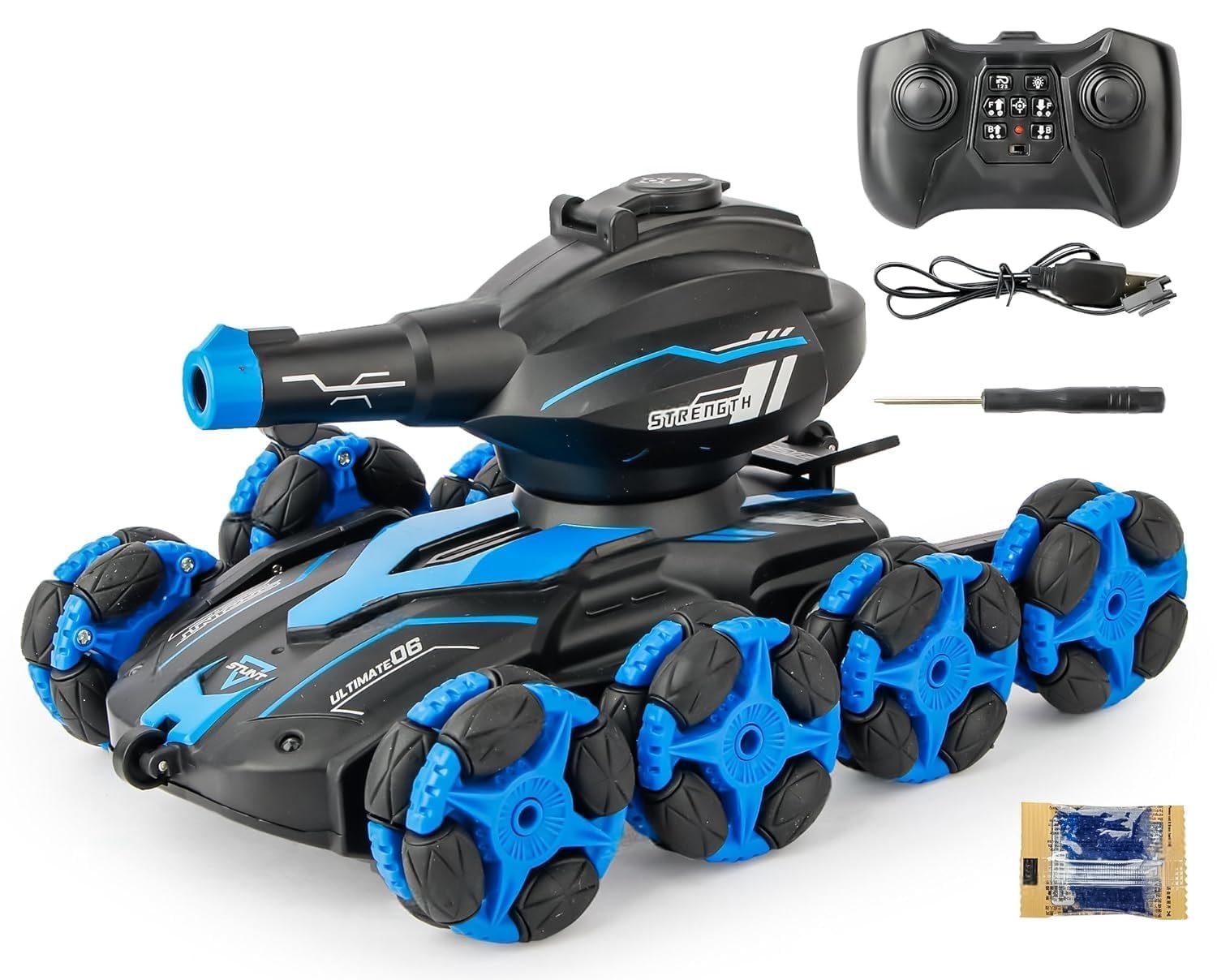 Remote Control Water Bomb Tank Toy for Kids | 6-Channel RC Army Car Simulated Sound, Free Walking, Auto Demo, 2.4GHz Control & Light Effects (Six Wheels Stunt Water Bomb Car_Blue)-image-9