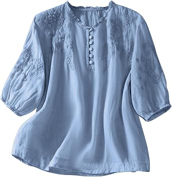 Womens Embroidered Tops 3/4 Sleeve Blouses Button Shirts | Womens Embroidered Tops, 3/4 Sleeve Summer Blouses, Casual Button Shirts, Loose Fit Comfy Tees, Dressy Work Tunics