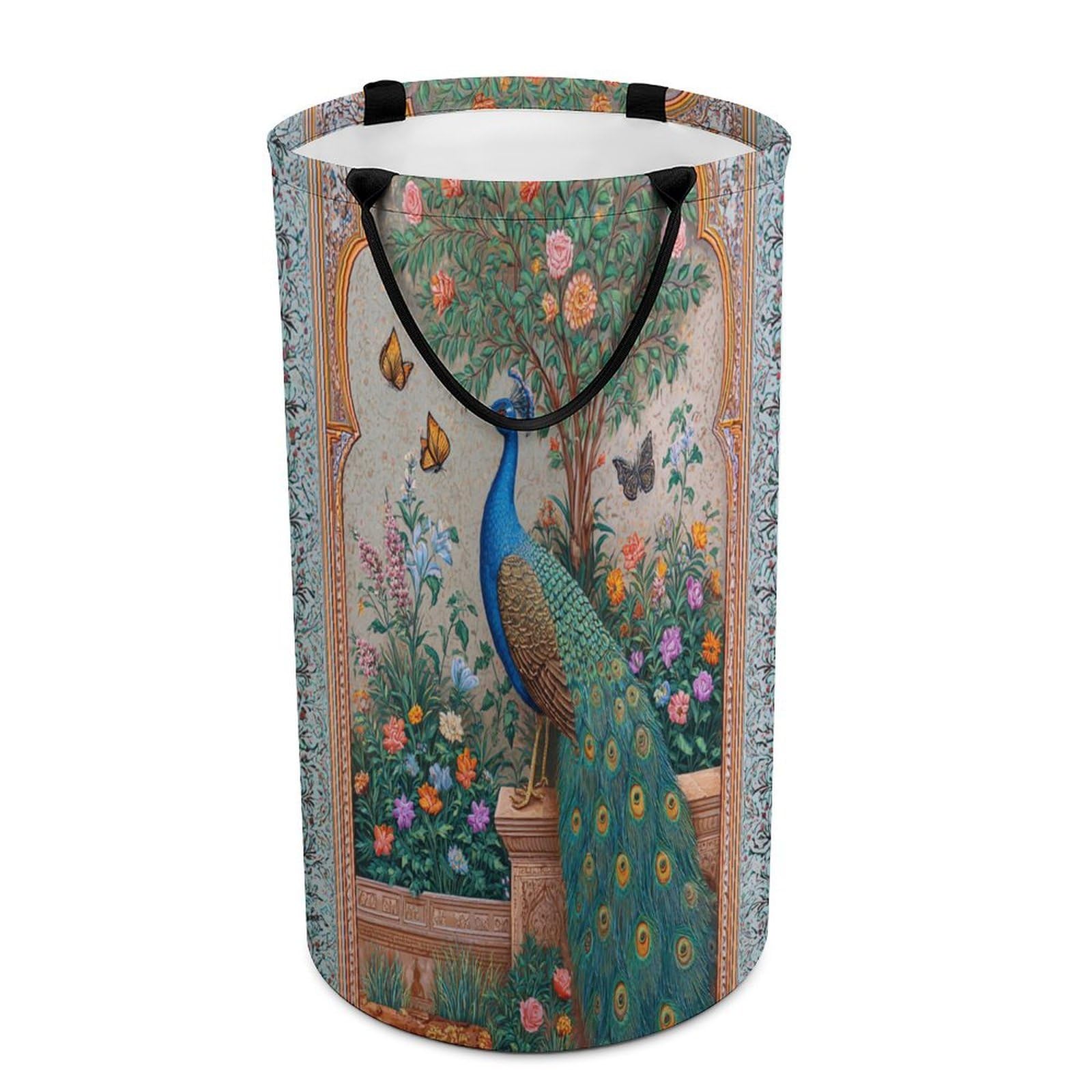 LUYYSKY Fantasy Bohimian Elegant Peacock Collapsible Dirty Clothes Basket, Retro Oil Painting Animal Butterflies Peacock Botanical Floral Portable Clothes Storage Laundry Basket-40 CM Dia, 69 CM High