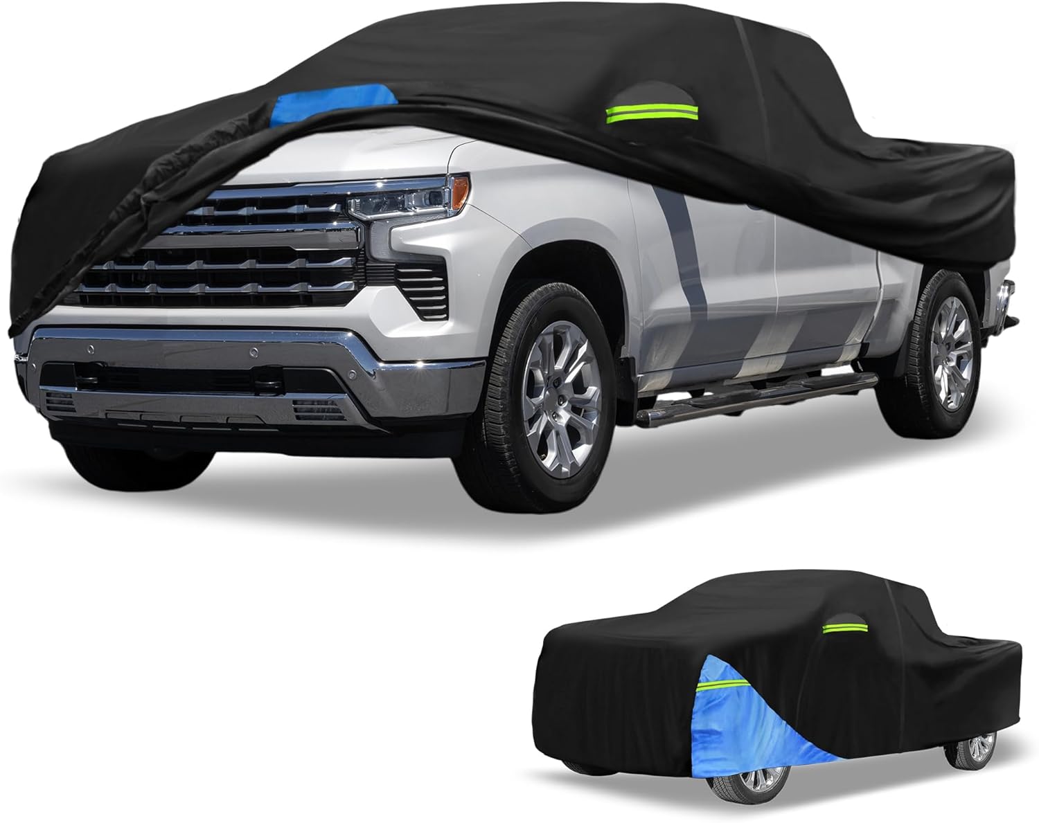 Car Cover Waterproof All Weather 210D, UV Sun Rain Protection, for Chevrolet Silverado with Left Side Zipper, Black & Blue