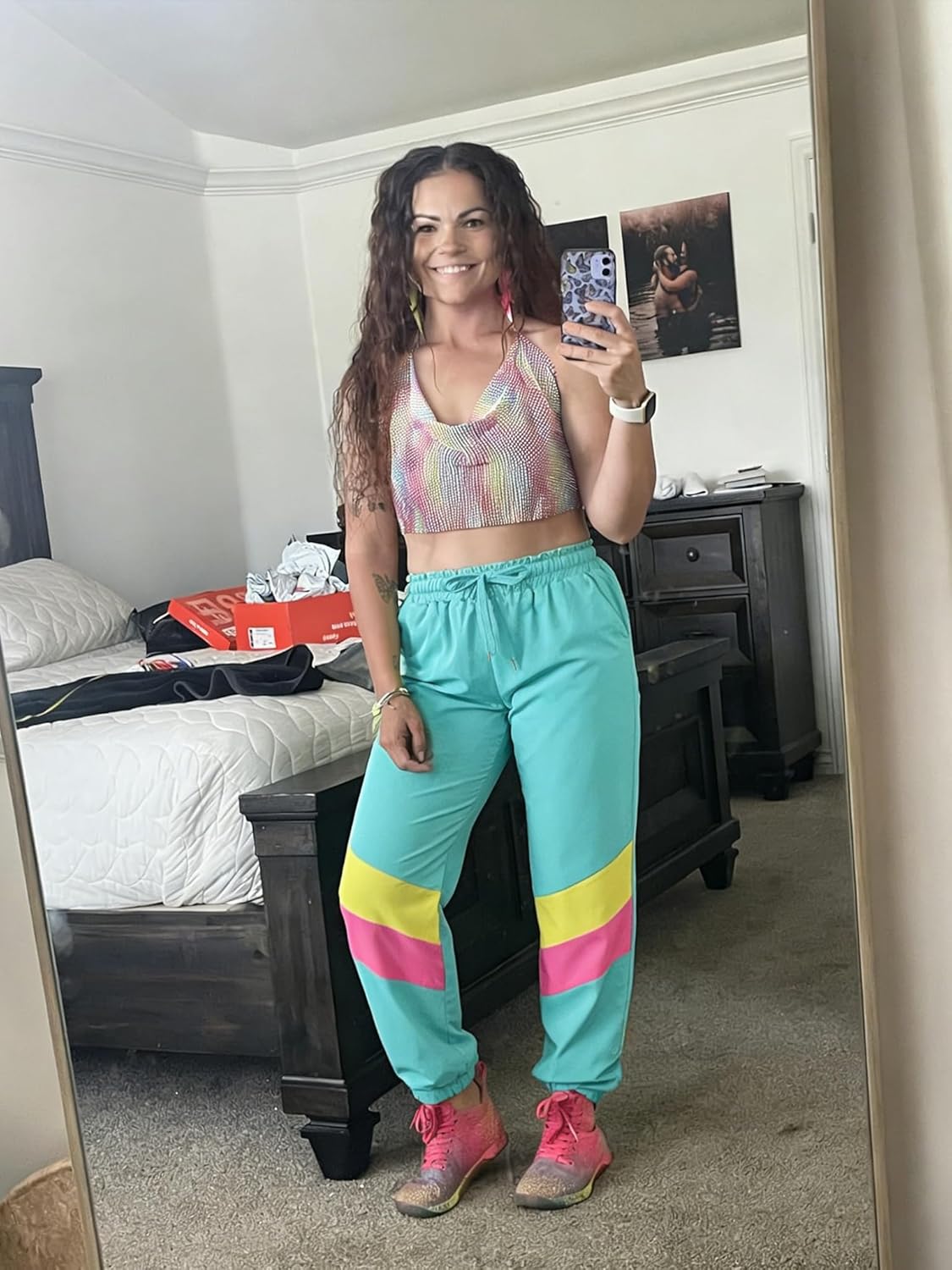 UOUA 80s Pants Women 90s Neon Workout Joggers Casual Reversible Sweatpants with Pockets - Image 2